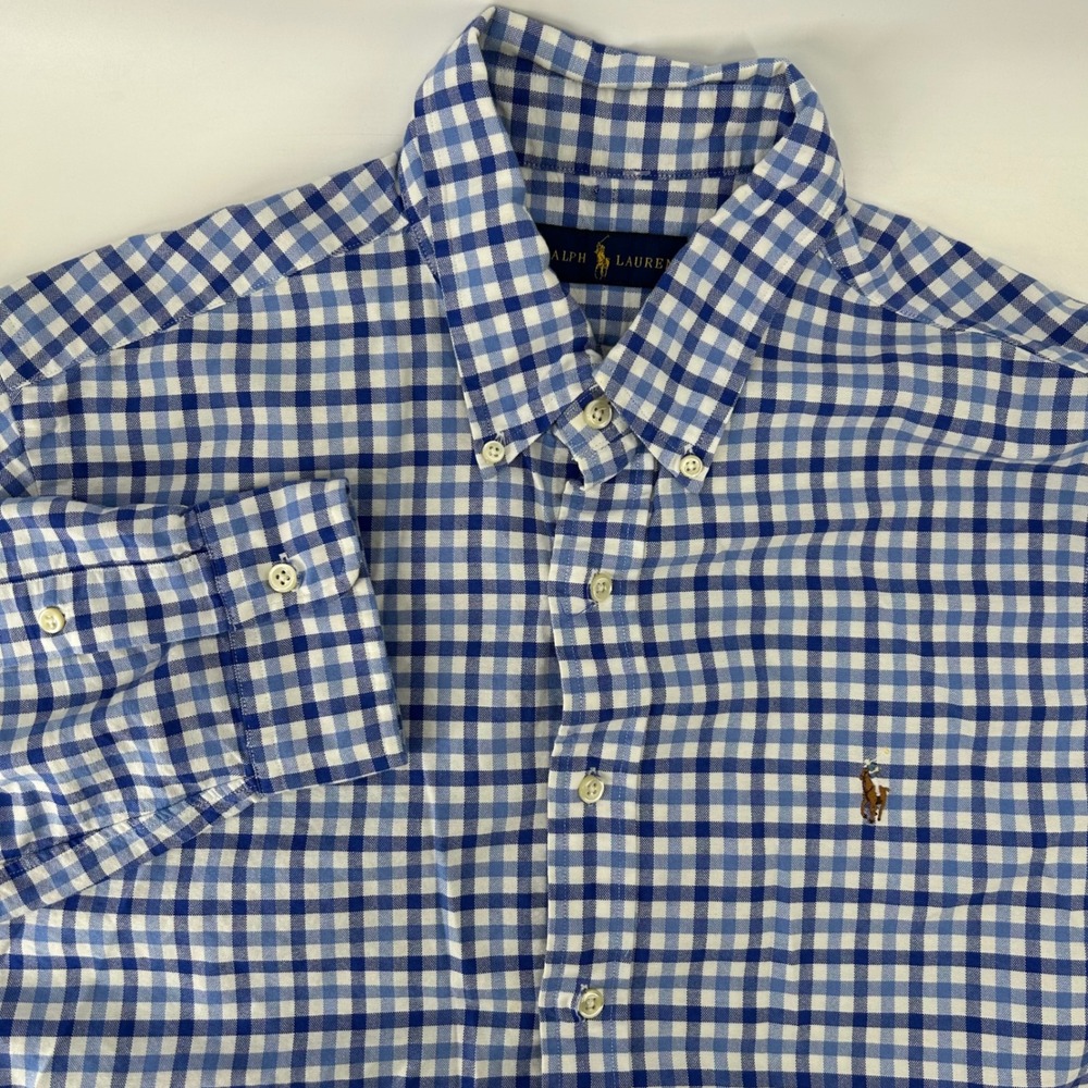 Ralph Lauren Button Down Shirt Mens Large Blue Gingham Check Cotton Long Sleeve